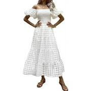 PRETTYGARDEN Women's Casual Summer Dress Puffy Short Sleeve Square Neck Smocked Tiered A Line Maxi Long Dresses